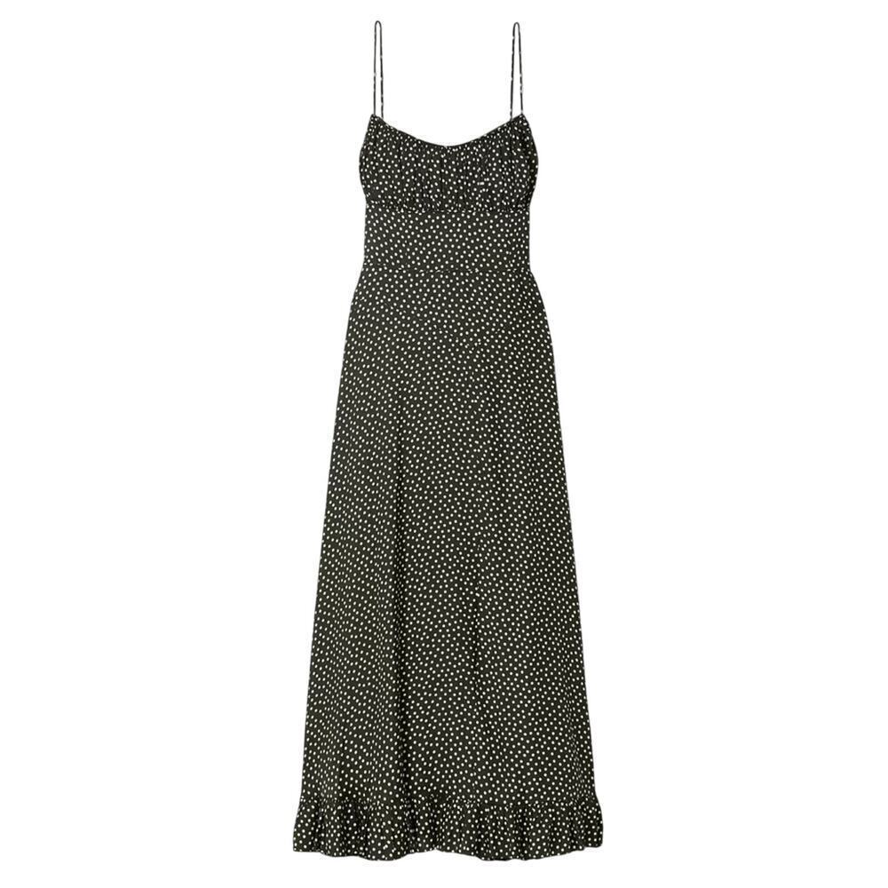 NWT Doen Rosaria Silk Ruched Bust Ruffle Midi Maxi Dress Camille Dot Polka Black - Picture 15 of 16